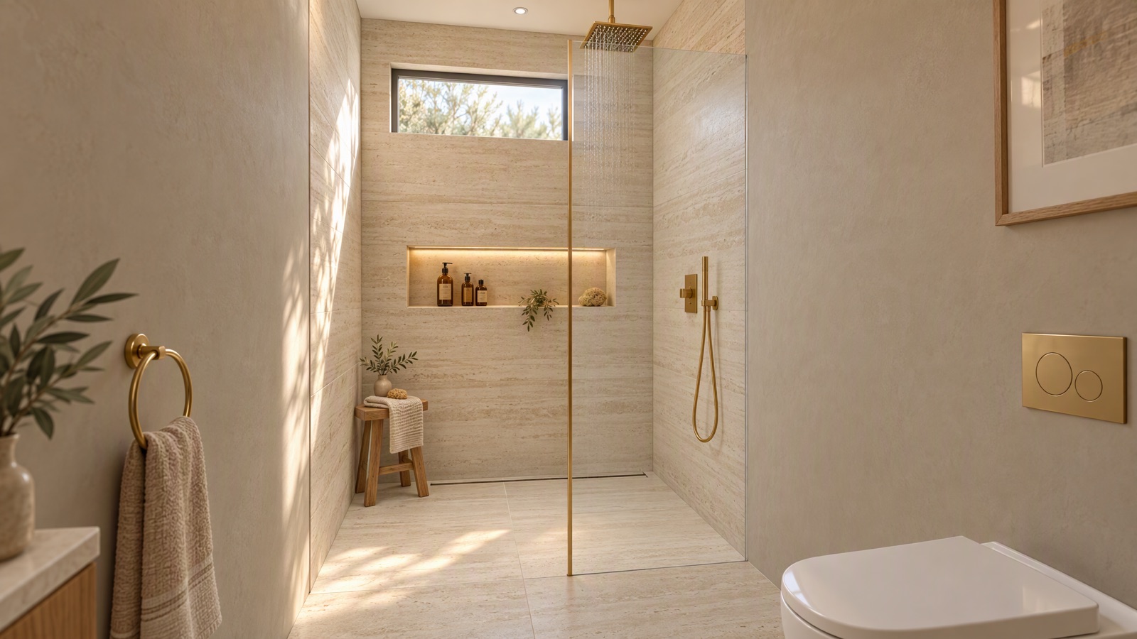 Baño del hall en símil travertino con ducha a nivel