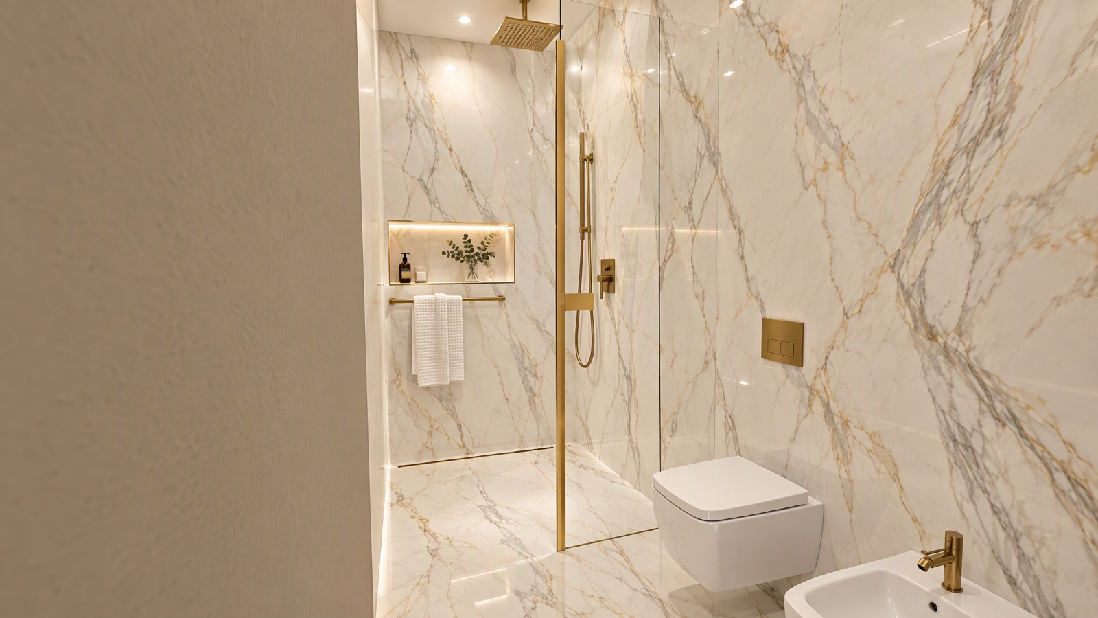 Baño en suite en calacatta con grifería dorada