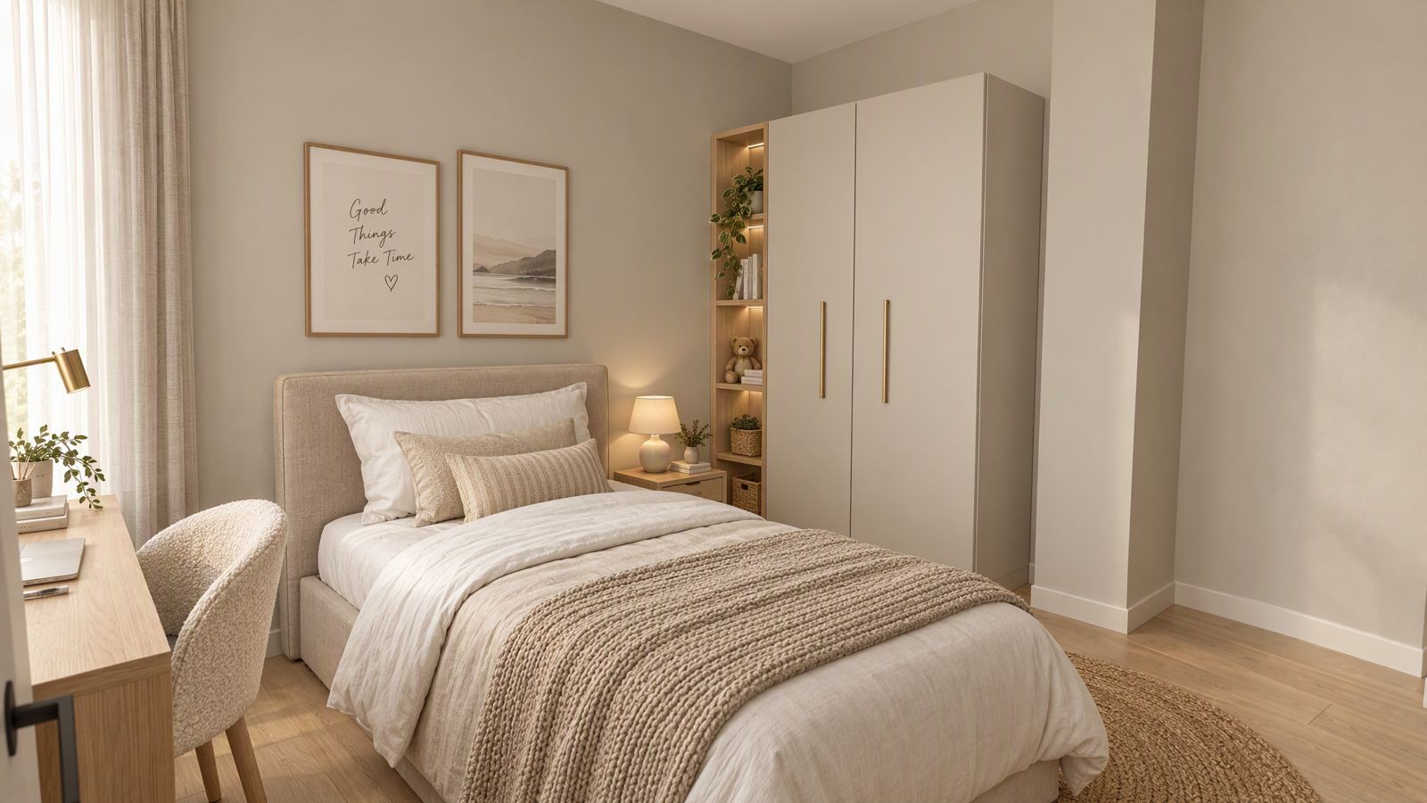 Dormitorio 1 con escritorio de roble y placard greige