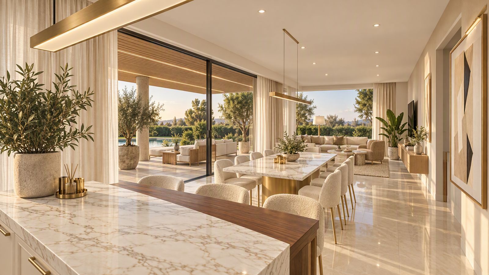 Render de cocina, comedor y living con la galería a través del ventanal