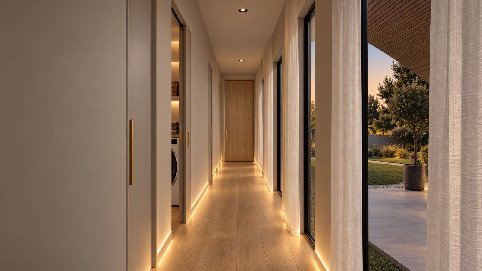 Pasillo con piso símil roble y luz LED al ras del piso